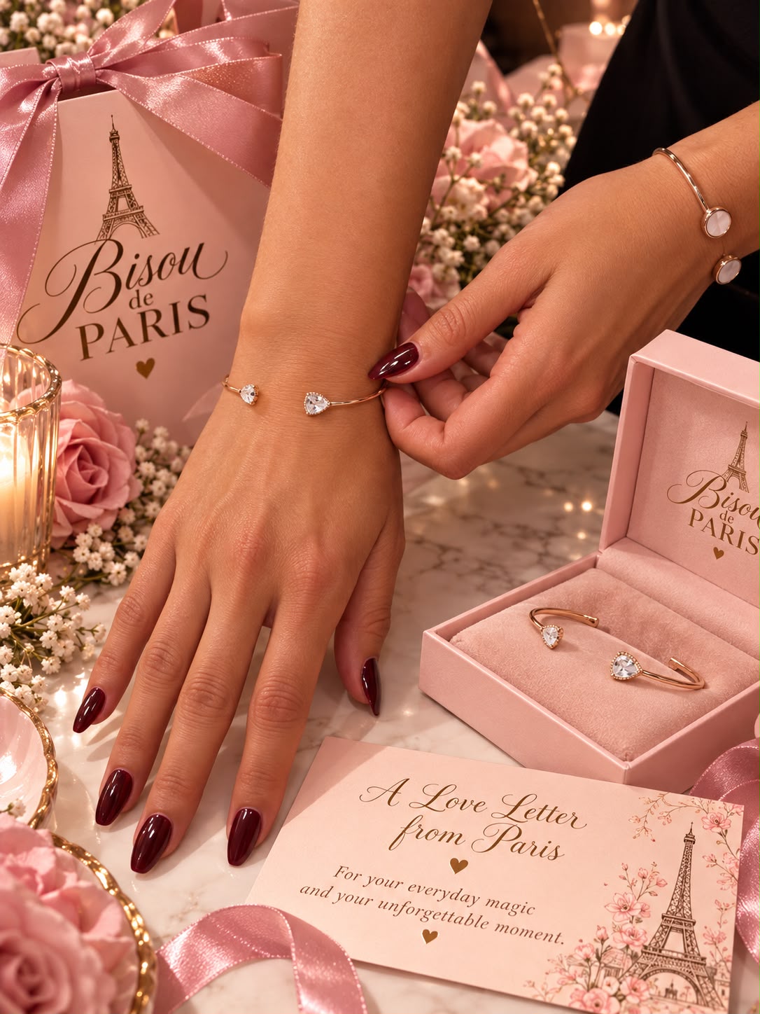 Rose-gold crystal bangles worn beside a blush pink Bisou de Paris gift box, satin bow and love letter from Paris