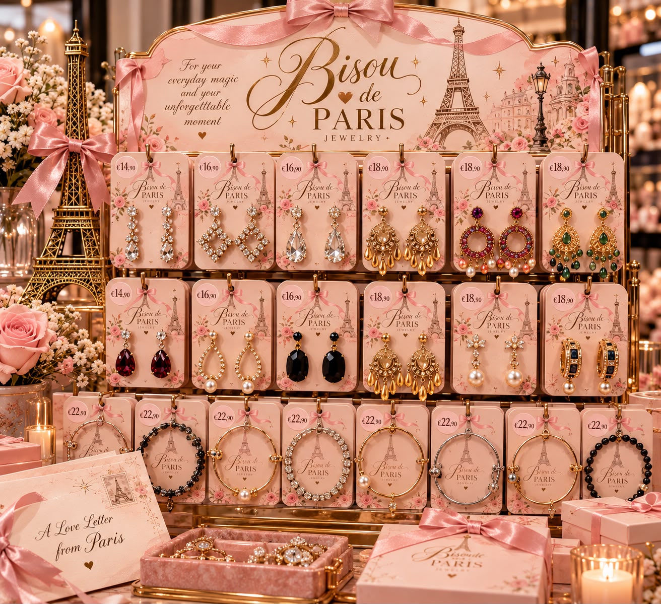 Bisou de Paris earrings, bracelets and rings arranged on a pink boutique counter display with gift boxes